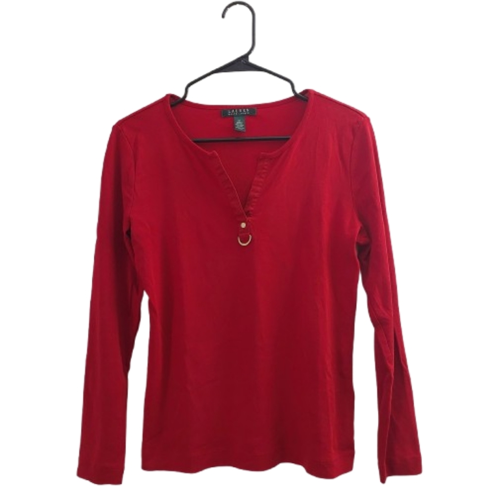 LAUREN Ralph Lauren Red Long Sleeve Cotton Blouse Size M